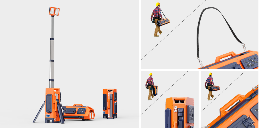 The TL-400 light tower being rapidly set up by a single crew member backstage.