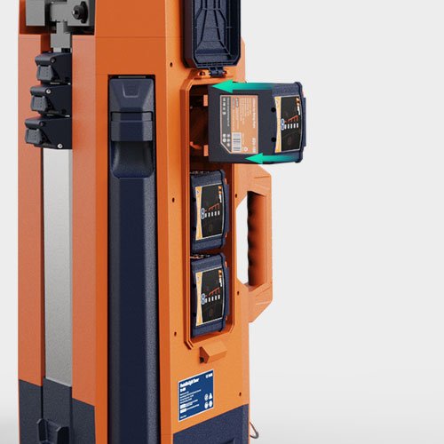 The TL-400's battery pack being swapped out, with USB ports visible for charging devices.